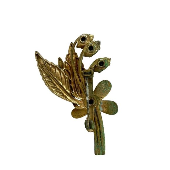 Goldtone and Green Vintage 1960s Brooch Pin Flower Leaf 1.9" - Picture 2 of 6